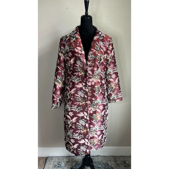VINCE CAMUTO Women's Floral Tapestry Burgundy Topper Mid Length Jacket Size 14 - Picture 2 of 10
